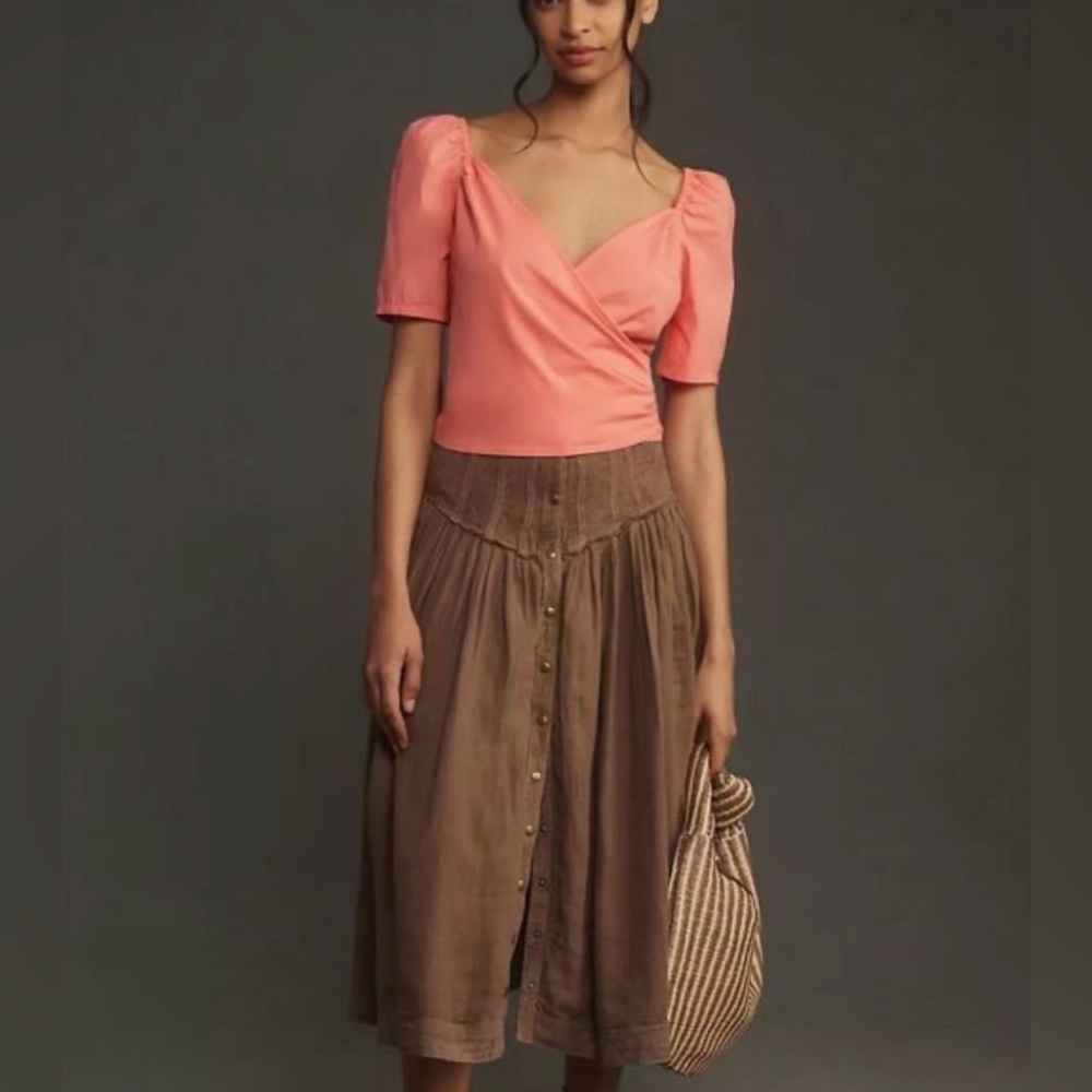 Anthropologie Puff-Sleeve Wrap Top in Coral Pink Rose Size: Medium